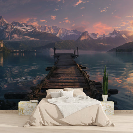 Mountain lake wallpaper in modern living room showing wooden pier extending into calm waters at sunset
