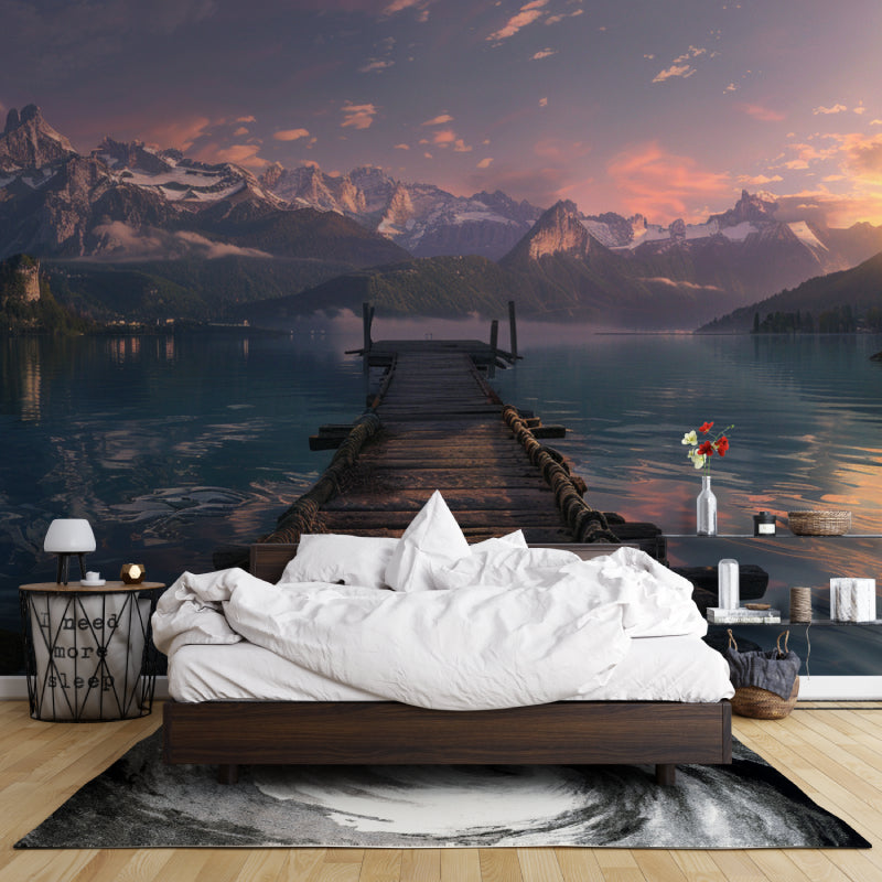 Home office wall with lake and mountain landscape mural creating serene workspace