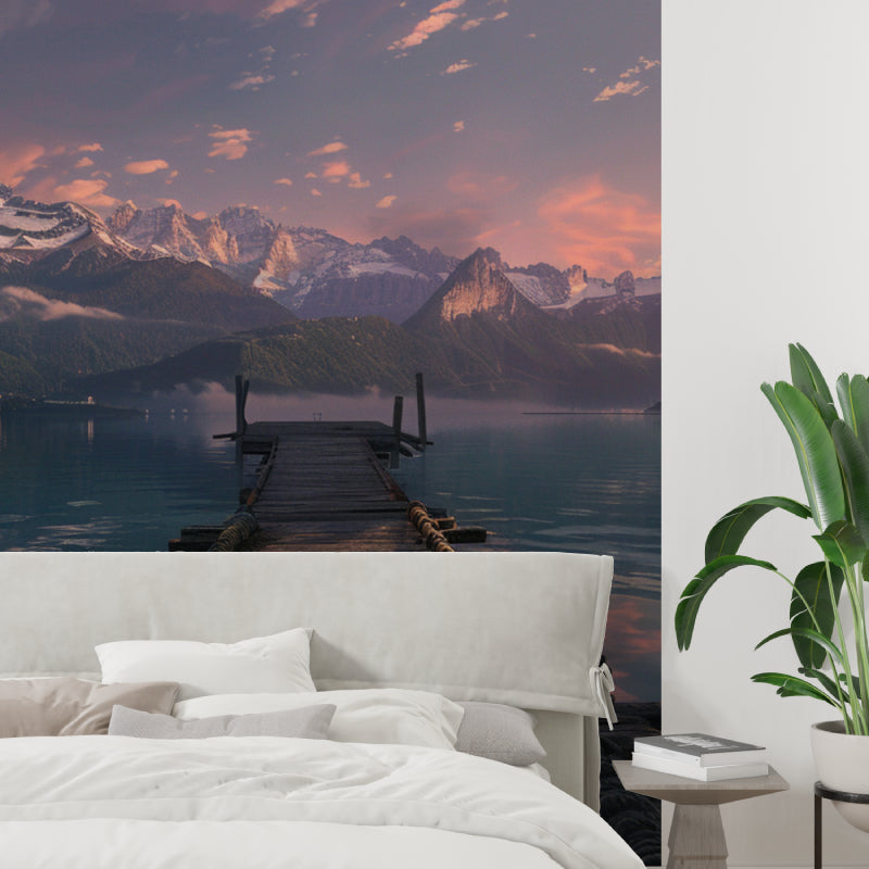 Mountain lake mural in meditation room with pier detail and sunset glow