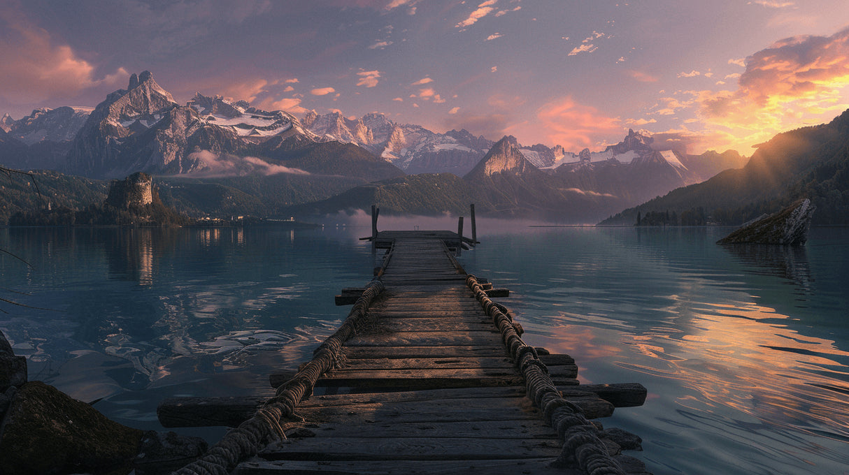 Mountain lake wallpaper design file showing full pattern with wooden pier and sunset landscape