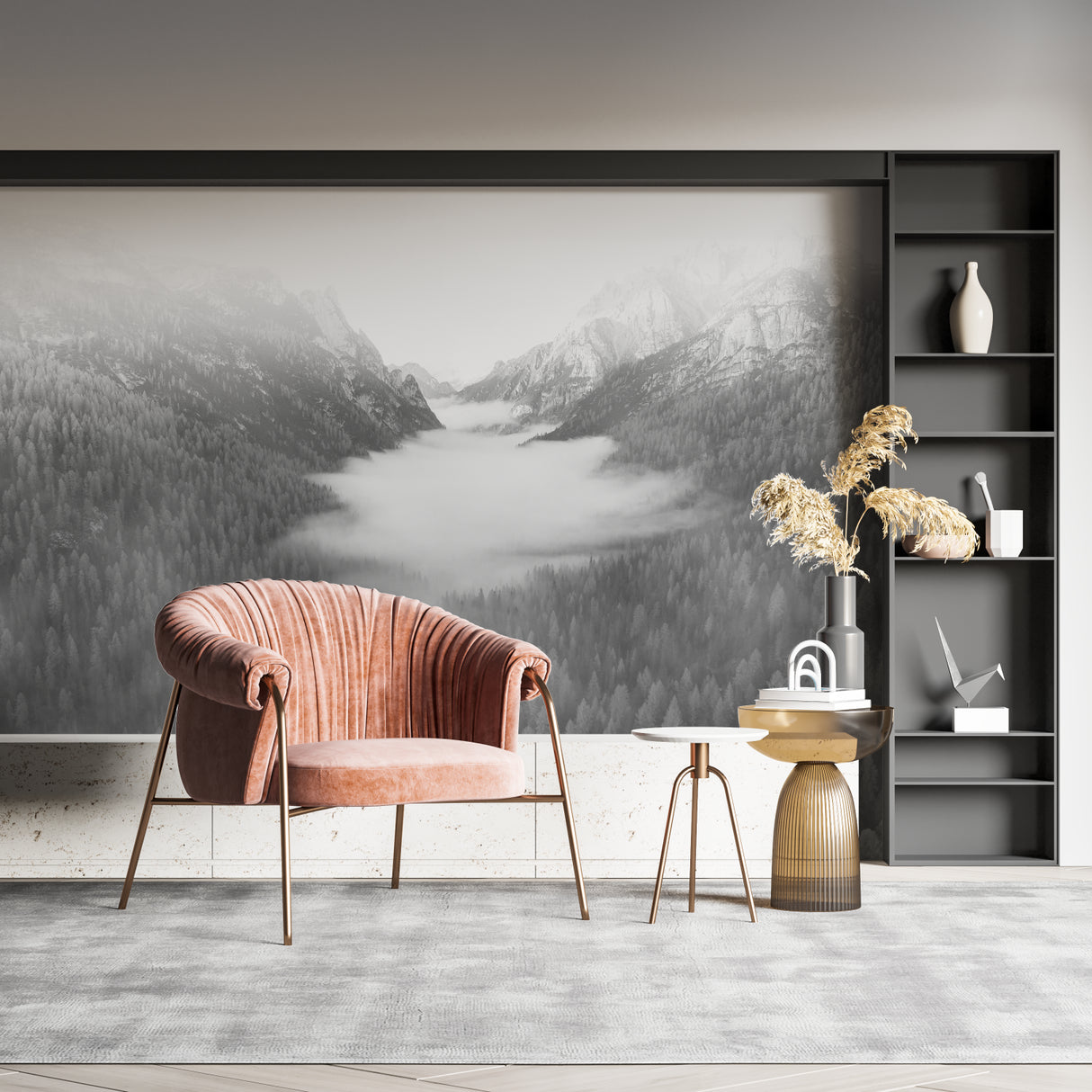 Foggy mountain mural adding drama to hallway with pendant lighting