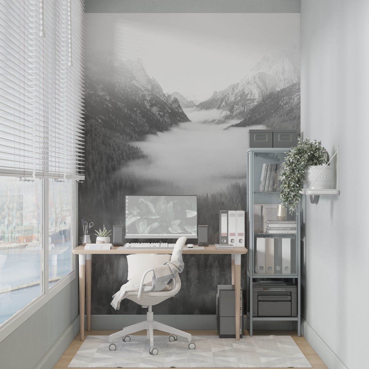 Mountain landscape mural bringing nature into dining room with round table