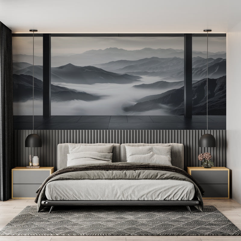 Panoramic mountain wallpaper in home office showing scale and perspective