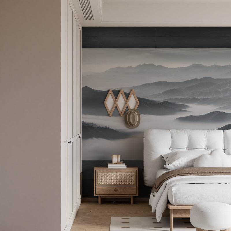 Misty mountain wallpaper showcased in contemporary hallway setting