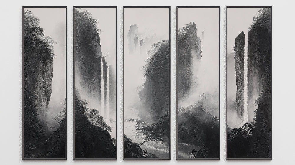 Mountain mist wallpaper creating depth in a modern living room, black and white waterfall design adding natural drama