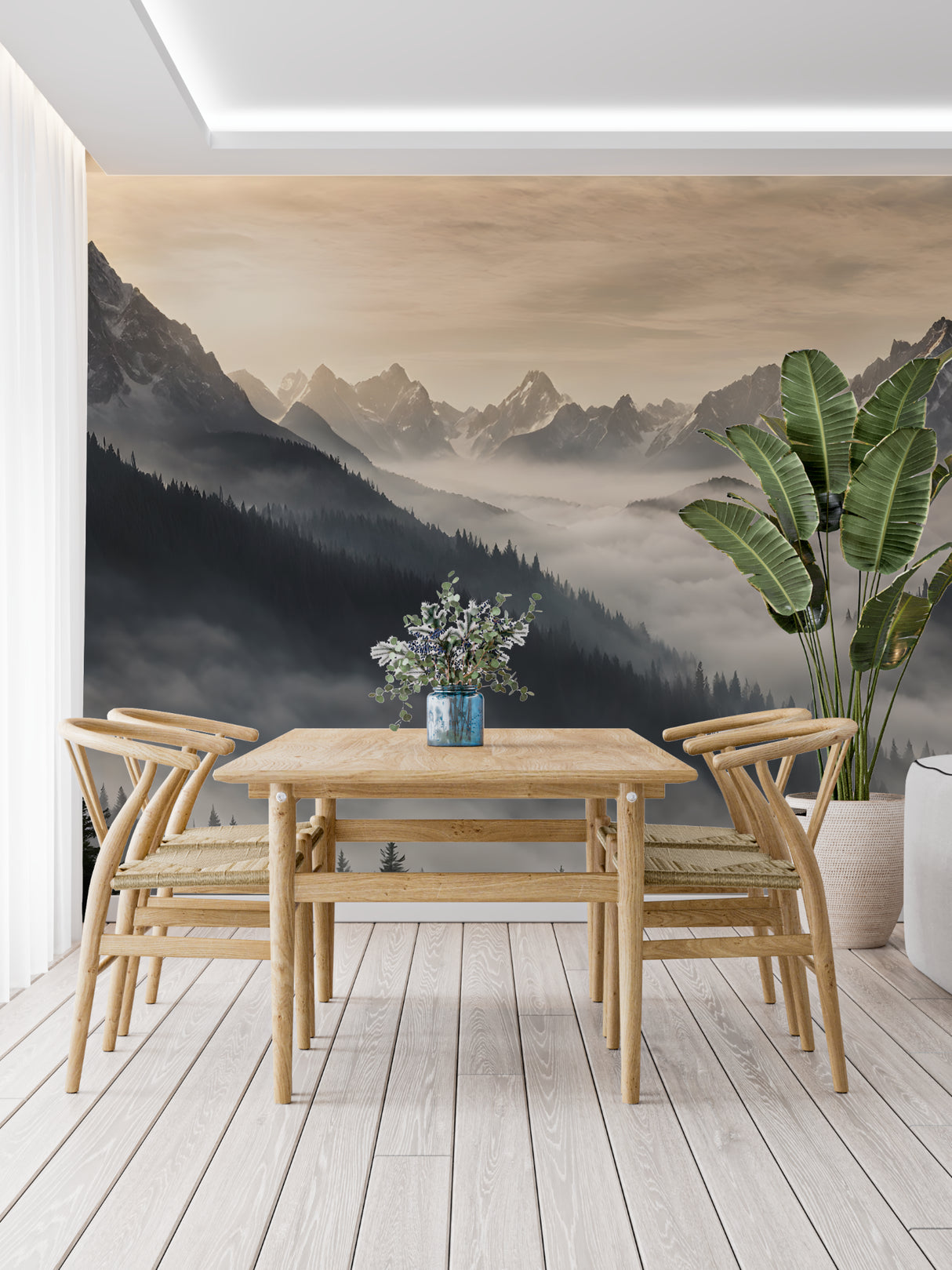 Mountain mist wallpaper in a modern living room, creating depth and serenity with foggy forest landscape