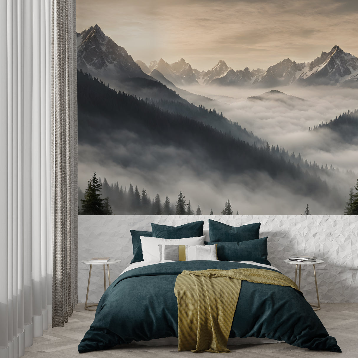 Misty mountain wallpaper in master bedroom showing morning light effect