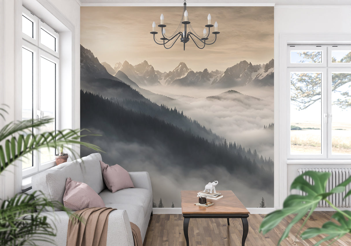 Forest landscape wallpaper in dining room with natural morning glow