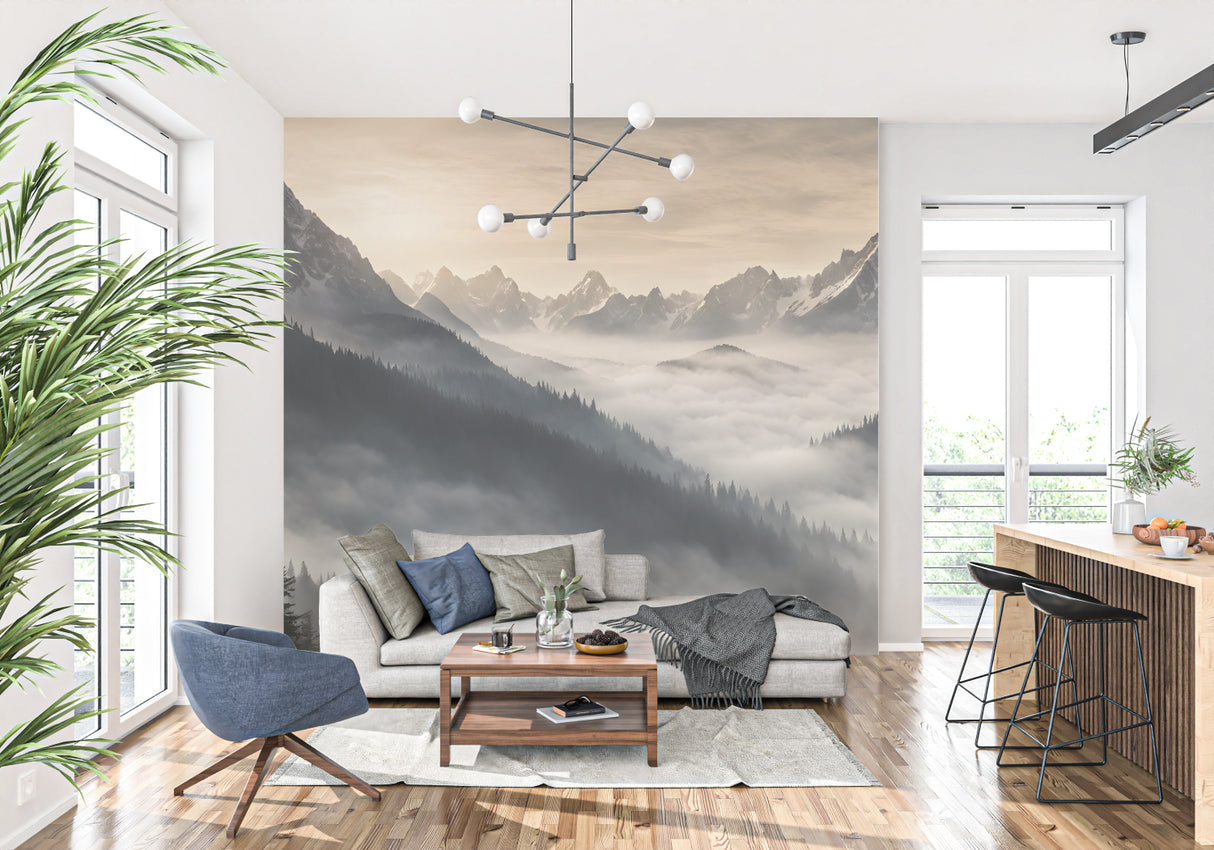 Mountain forest mural in home office creating peaceful work environment
