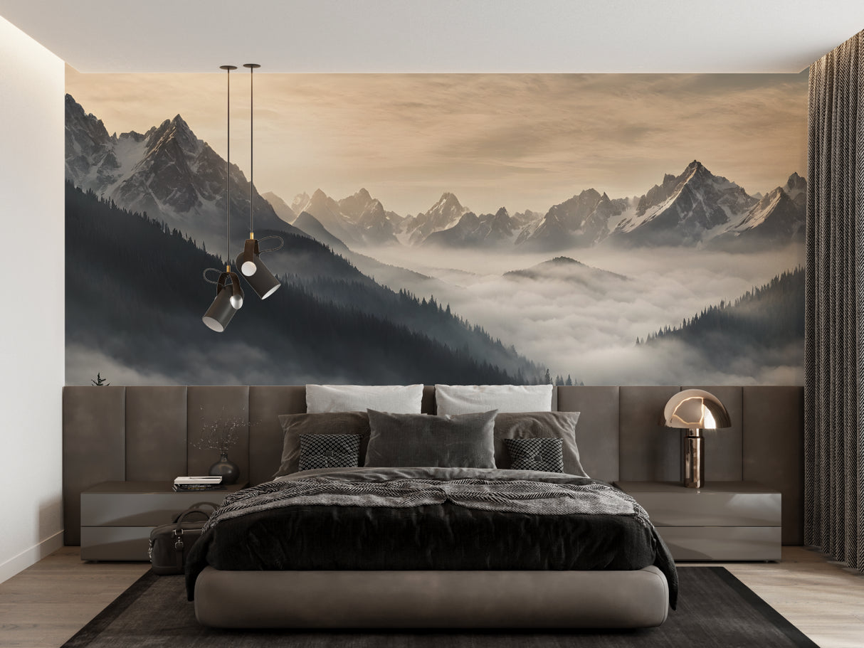 Foggy mountain wallpaper in meditation room showing full wall application