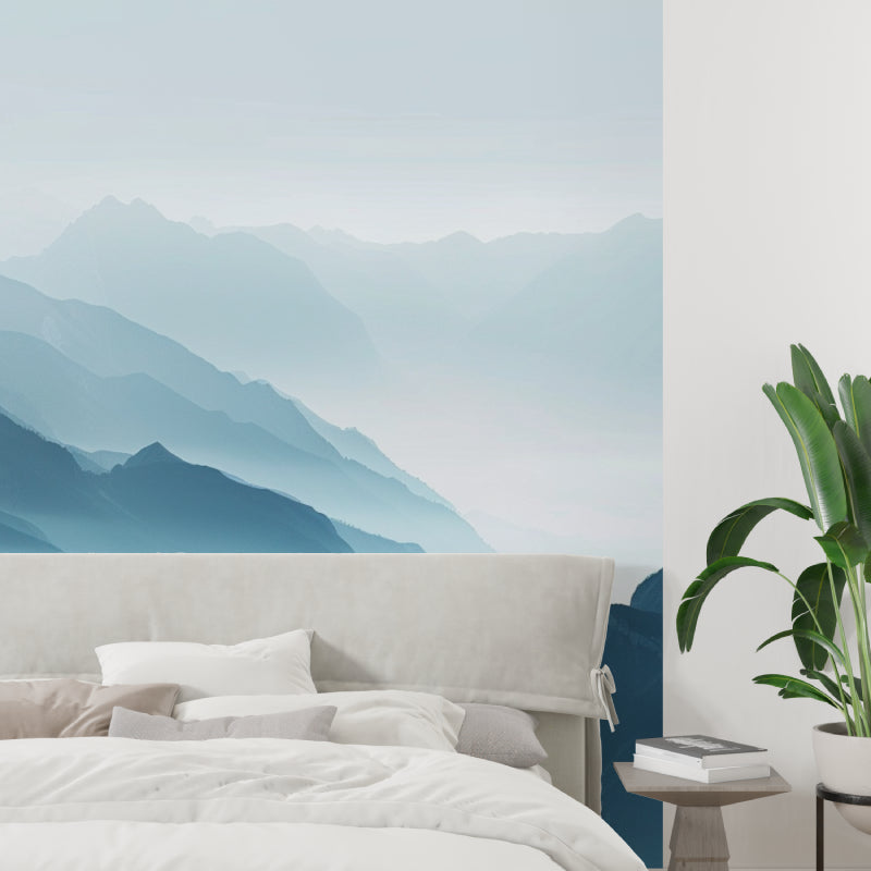 Blue mountain wallpaper making home office feel spacious and calm