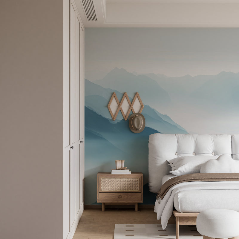 Panoramic mountain mural creating depth in meditation room space