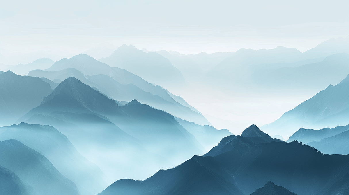 Mountain landscape wallpaper design file showing misty blue peaks and atmospheric depth