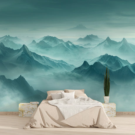 Mountain mist wallpaper creating depth in modern living room with grey sofa and natural light