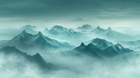 Mountain mist wallpaper design file showing turquoise peaks emerging through ethereal fog