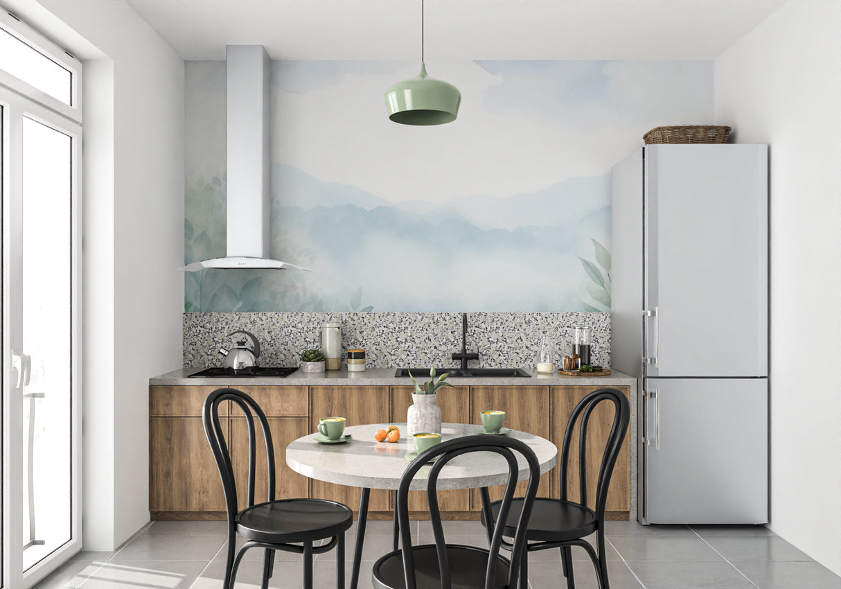 Mountain mist wallpaper creating depth in modern living room with grey sofa and natural light