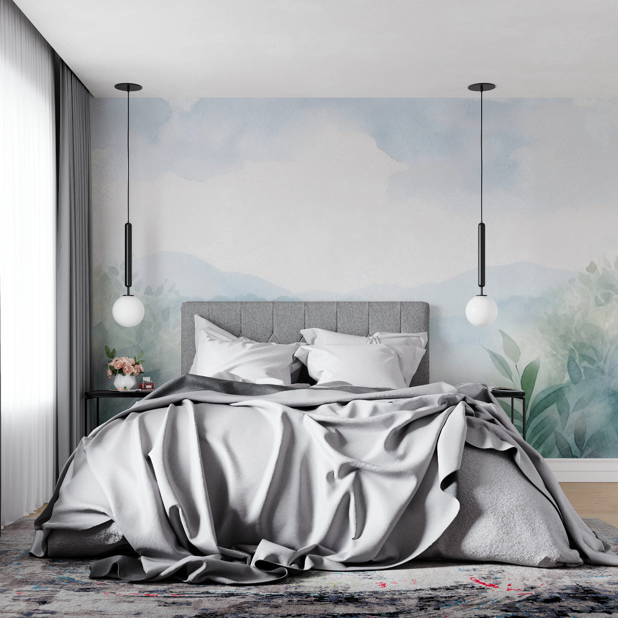 Watercolor mountain landscape mural in minimalist bedroom setting with white bedding