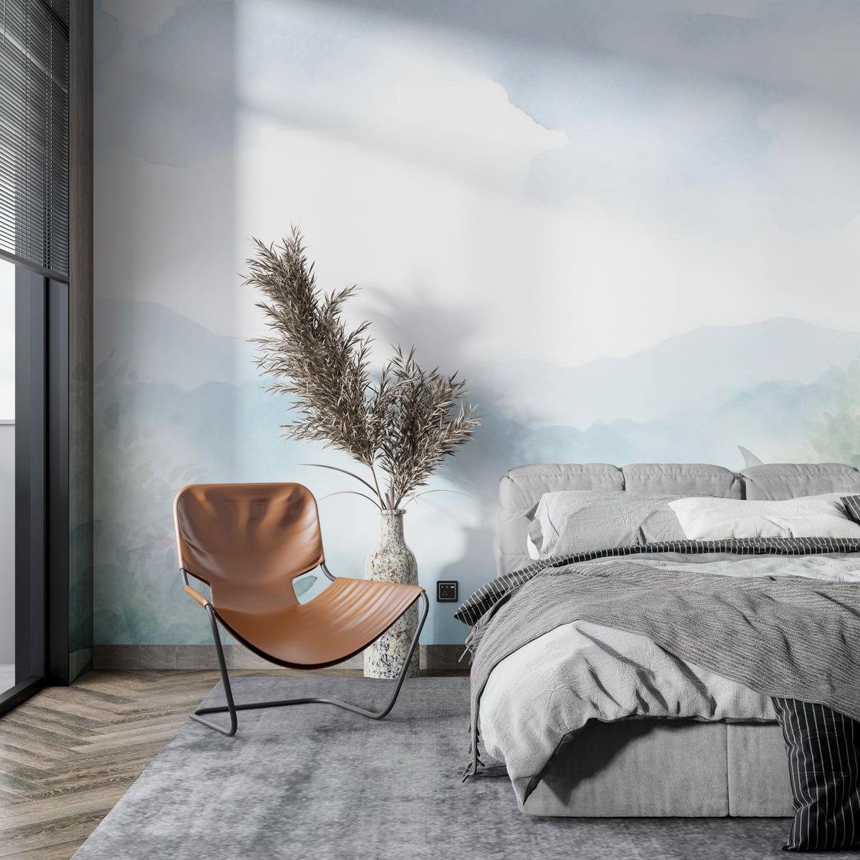 Misty mountain mural creating calm atmosphere in dining room with plants