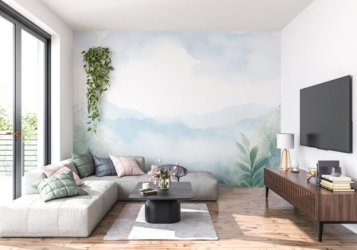 Landscape wall mural adding depth to meditation room with floor cushions