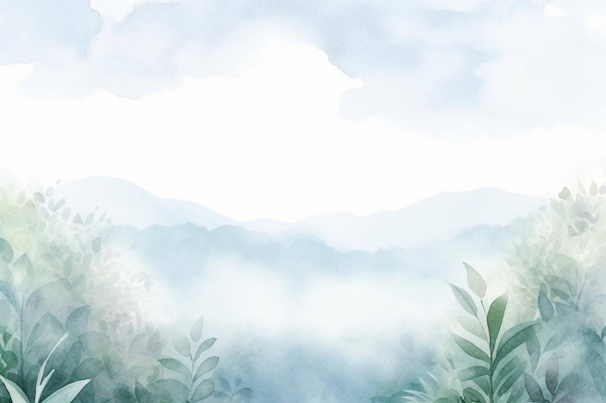 Mountain watercolor design file showing soft blue-grey gradients and delicate foliage pattern