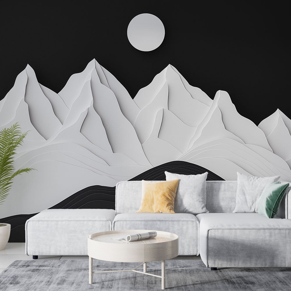 Modern Mountain Wallpaper showcased in a minimalist living room with black and white furniture and natural light