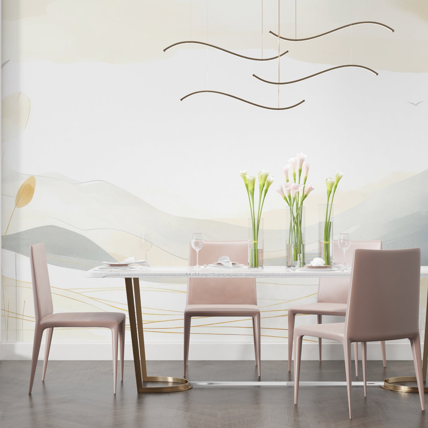 Abstract mountain mural creating depth in minimalist bedroom