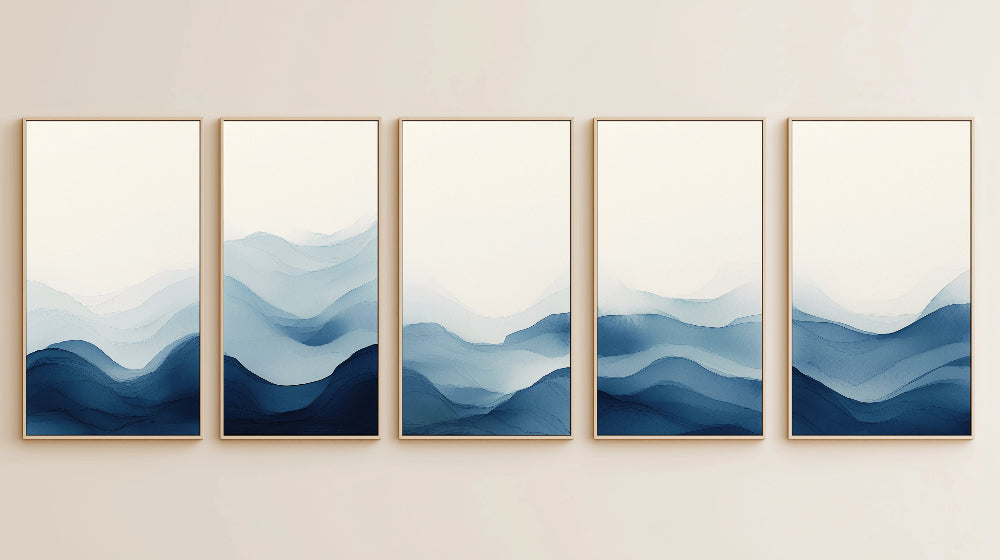 Abstract blue mountain peaks design file showing fluid watercolor pattern and wave details