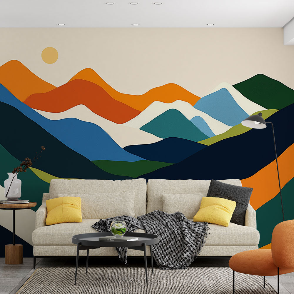Abstract mountain wallpaper mural creating depth in a modern living room with contemporary furniture and natural lighting