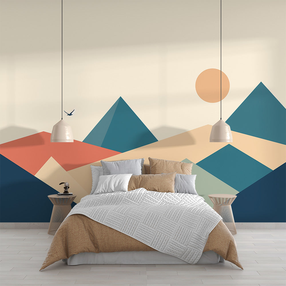 Modern geometric mountain wallpaper in a minimalist living room, showing teal and coral abstract peaks against cream walls