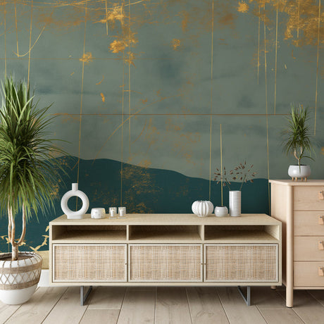 Modern mountain wallpaper with gold accents in a minimalist living room setting