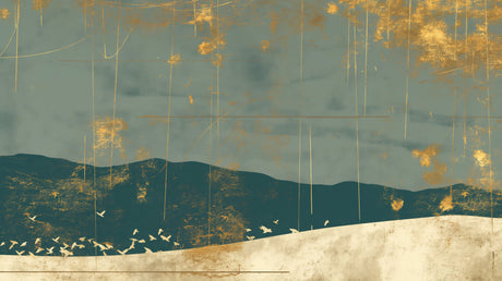 Abstract mountain mural creating depth in a contemporary bedroom