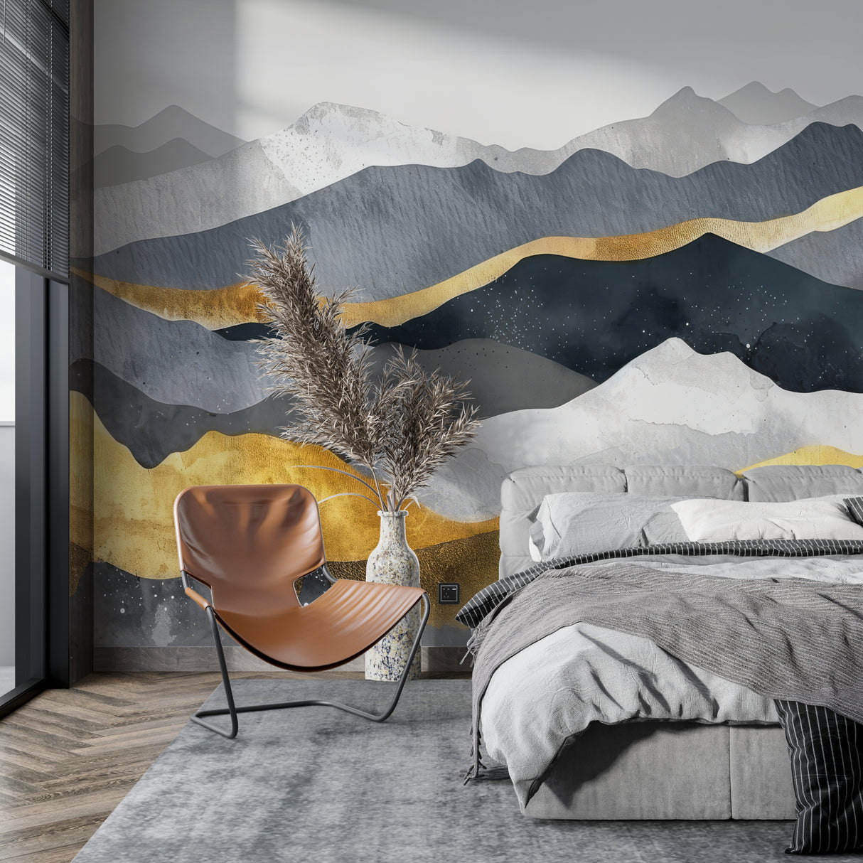 Mountain wall mural in modern living room with grey sofa and gold accents
