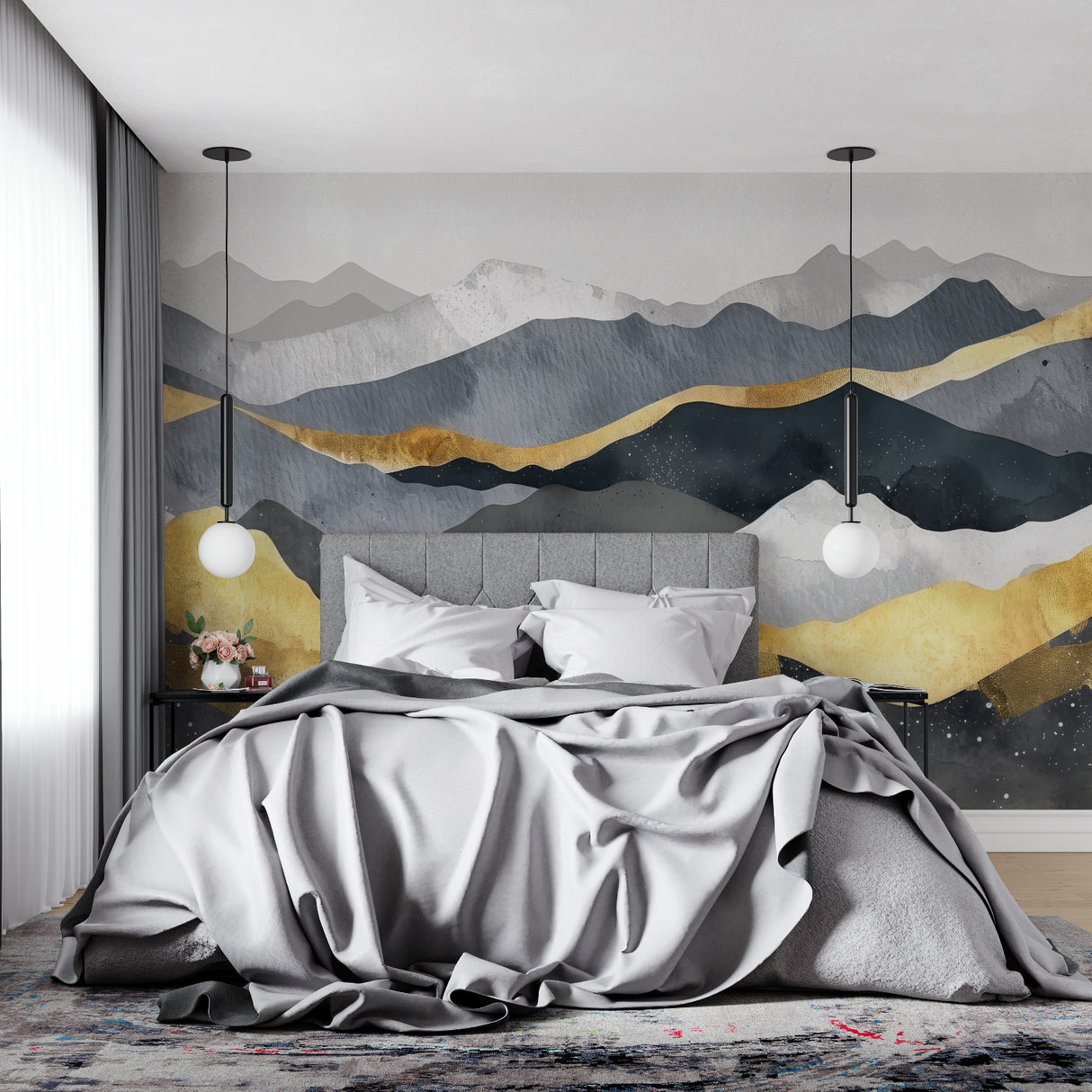 Abstract mountain wallpaper featured in minimalist bedroom with natural lighting