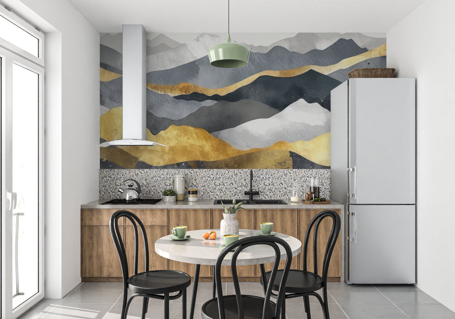 Gold and grey mountain mural in contemporary home office setting