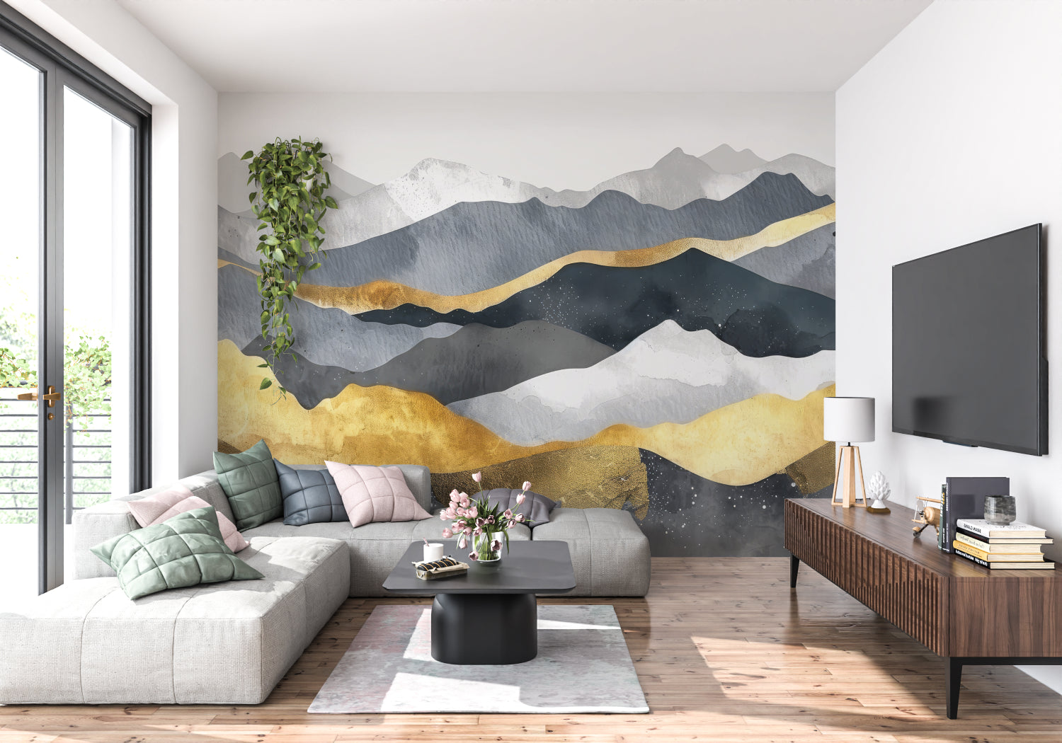 Mountain landscape wallpaper creating depth in dining room space