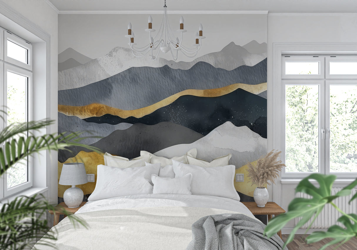 Abstract mountain mural adding luxury to hotel lobby entrance