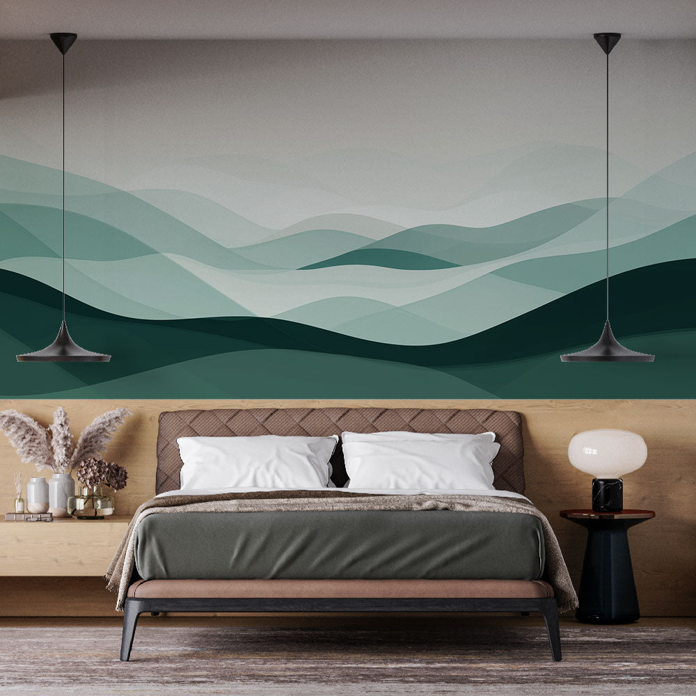 Abstract green mountain wallpaper mural showcased in a modern living room with minimalist furniture and natural lighting