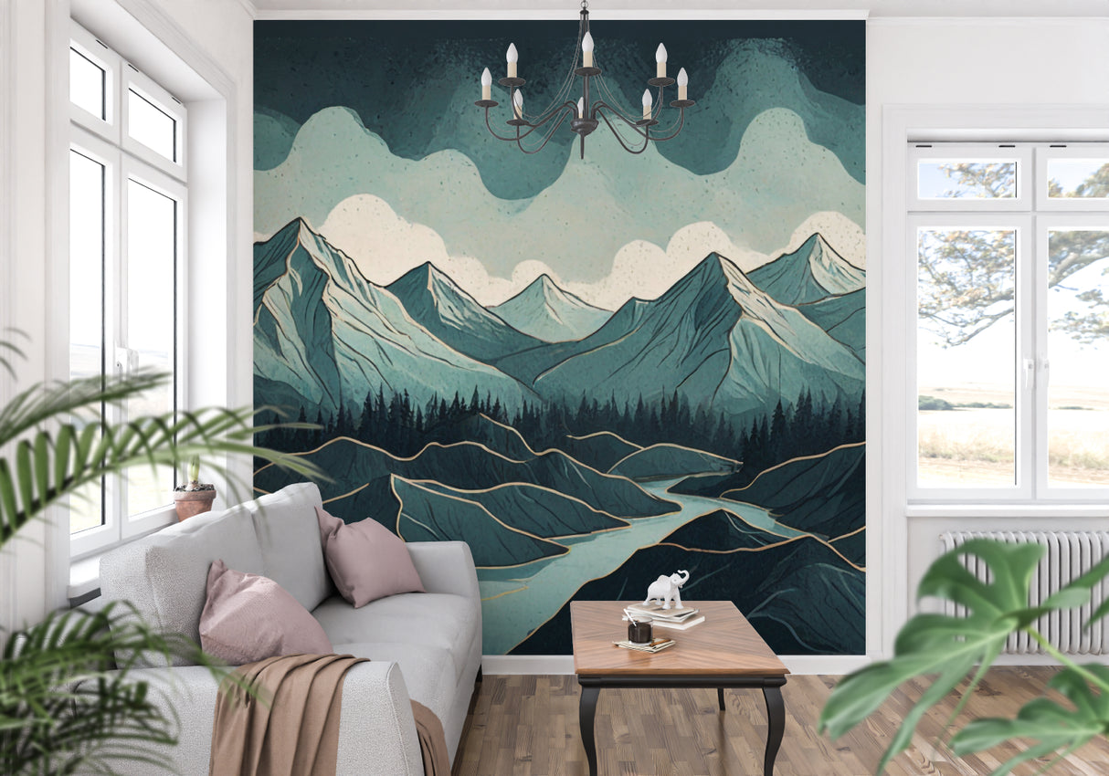 Mountain landscape wallpaper in modern living room with grey sofa and natural light