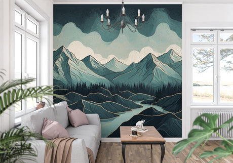Mountain landscape wallpaper in modern living room with grey sofa and natural light