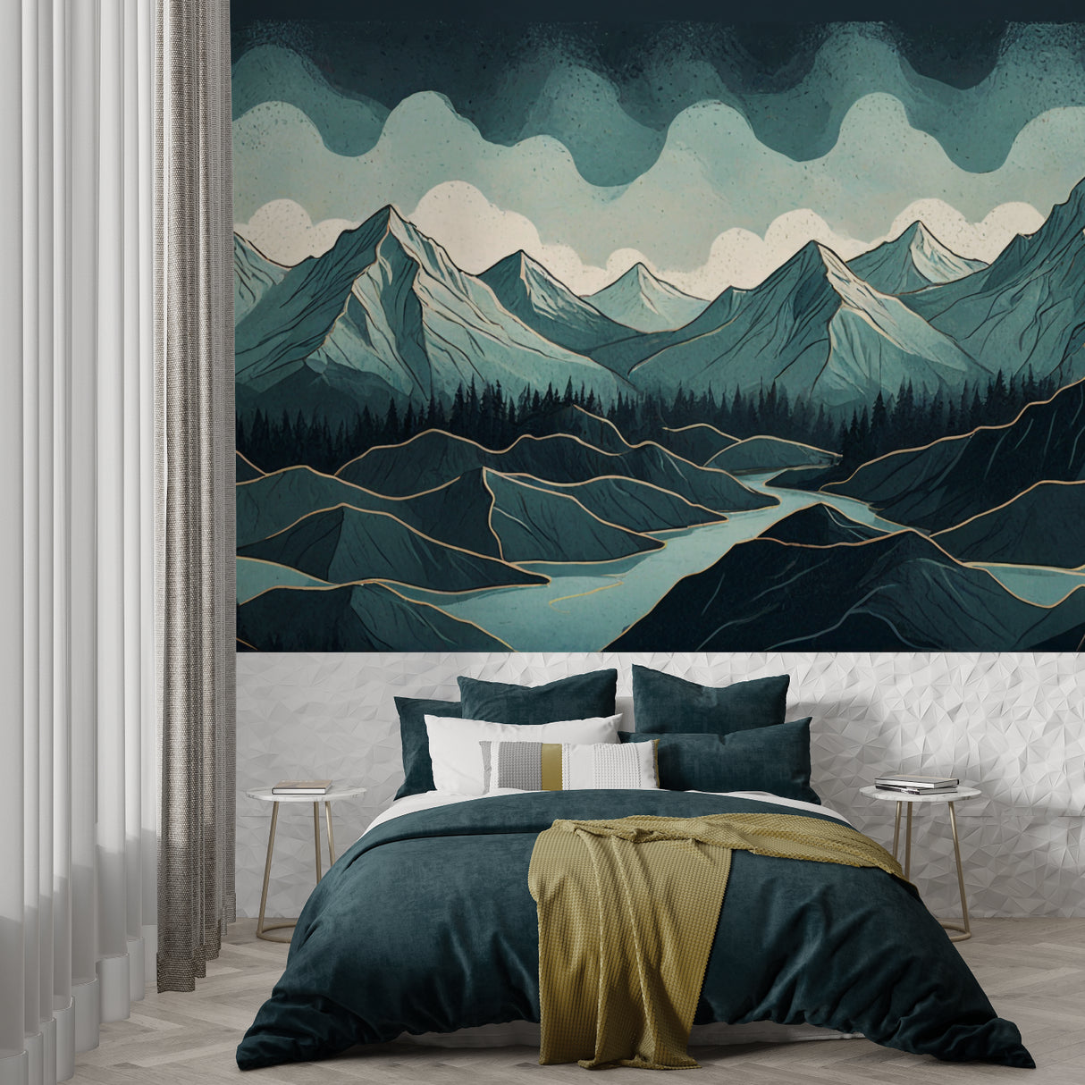Abstract mountain mural creating depth in minimalist dining room