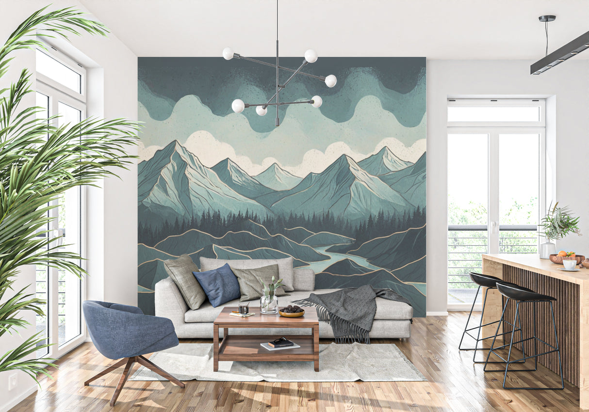 Panoramic mountain landscape wallpaper in contemporary home office setup