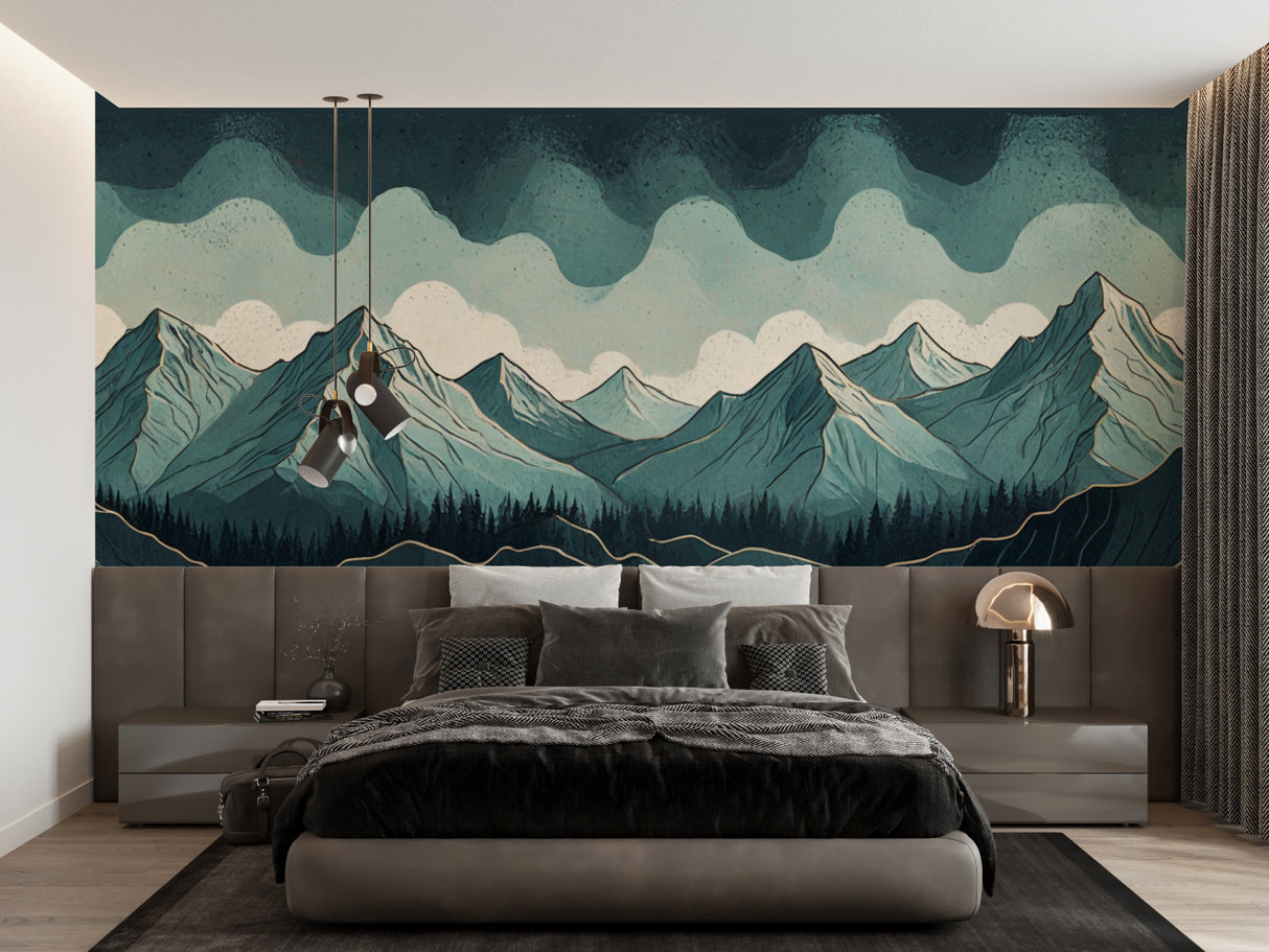 Abstract mountain wall mural in meditation room with natural decor