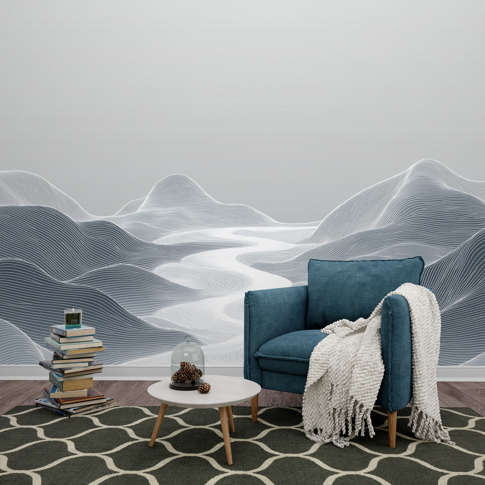 Abstract mountain line art wallpaper creating a stunning focal point in a bright, modern living room setting