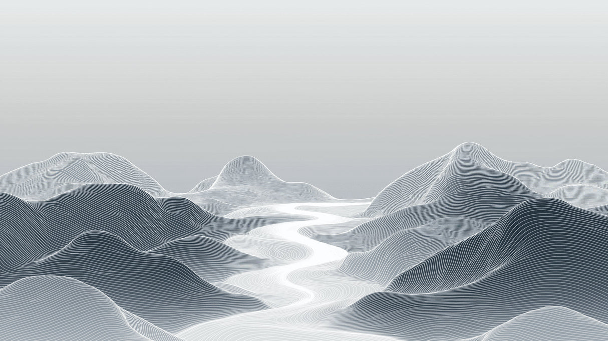 Mountain line art wallpaper design file showing fluid abstract peaks and valleys in grayscale