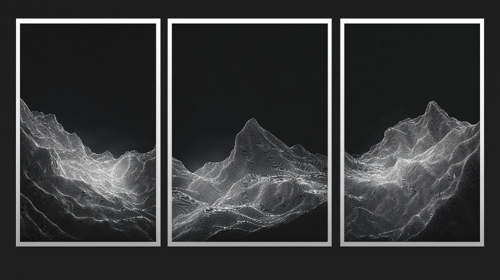 Black and white mountain line art design file showing detailed pattern and precise line work