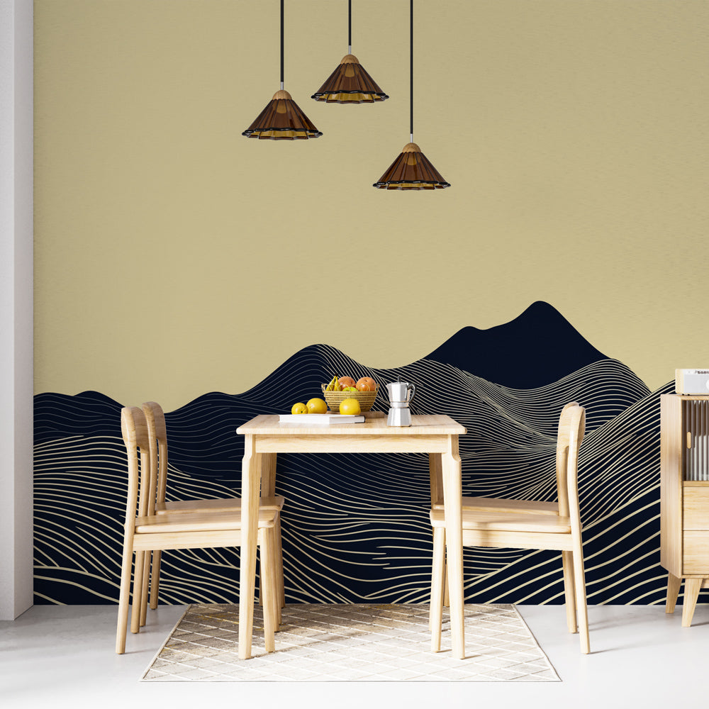 Modern mountain wallpaper with abstract linear waves shown in a bright contemporary living room setting