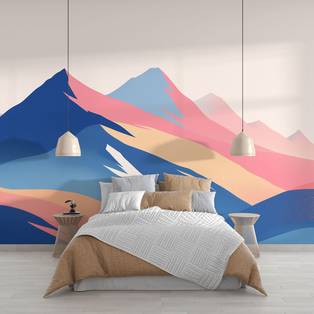 Mountain mural wallpaper with abstract pastel peaks creating a peaceful atmosphere in a modern living room setting