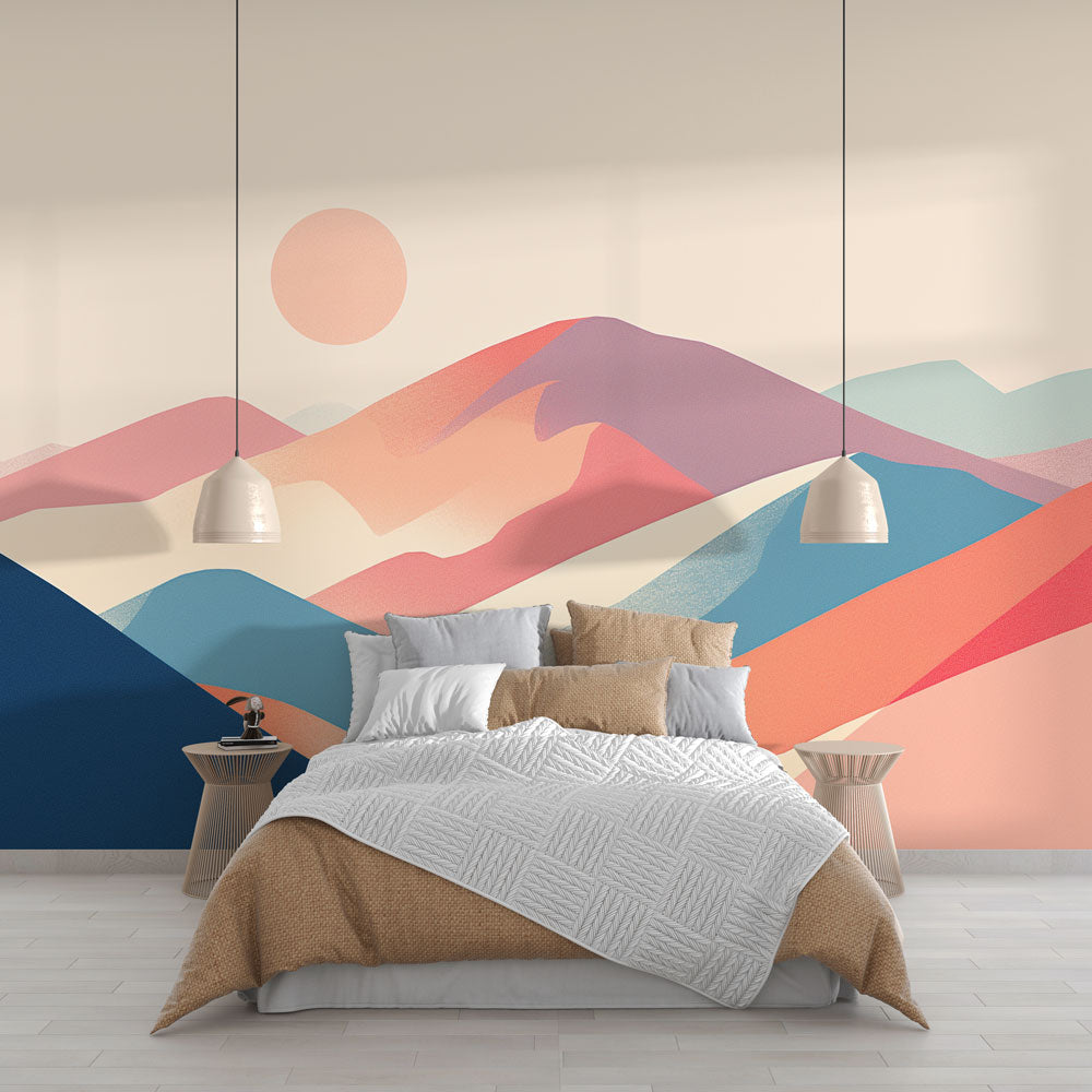 Mountain Mural Wallpaper creating depth in a modern living room, soft pastel sunset tones complement contemporary furniture
