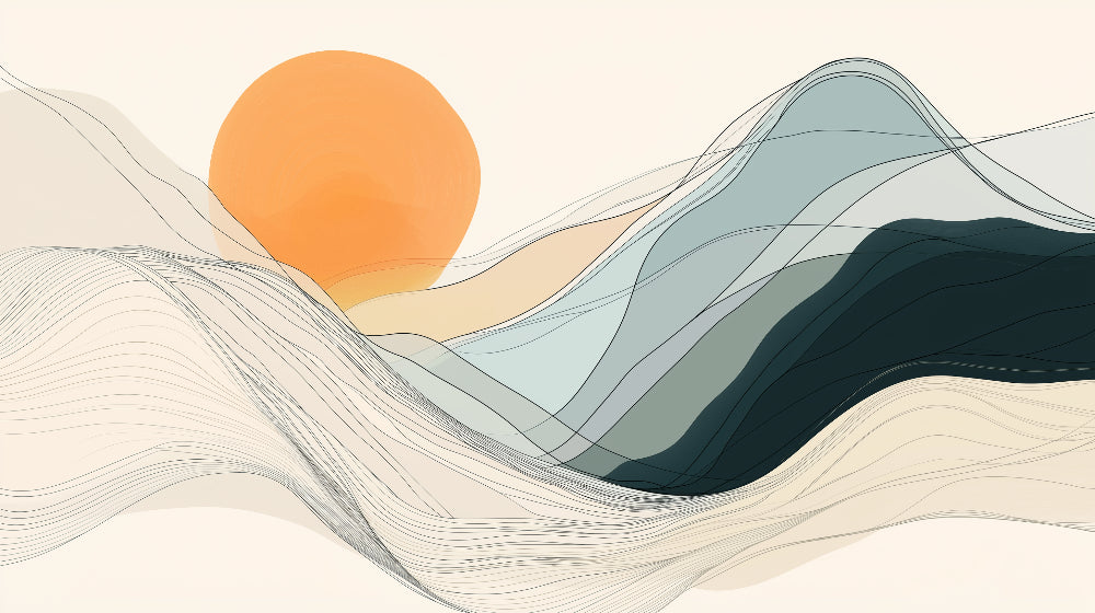 Modern living room featuring Mountain Abstract Wallpaper with sunset tones creating a warm, inviting atmosphere