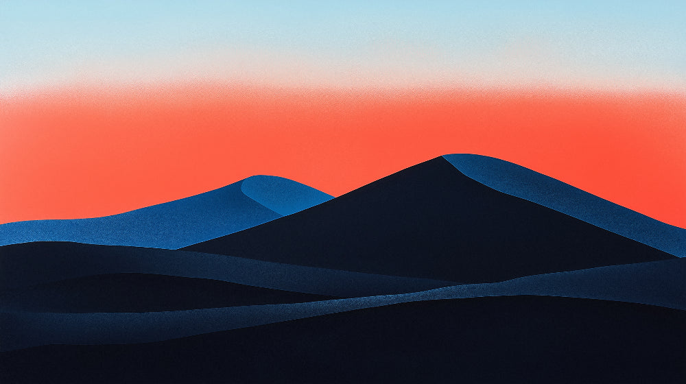Mountain Mural Wallpaper design file showing abstract navy peaks against coral sunset backdrop